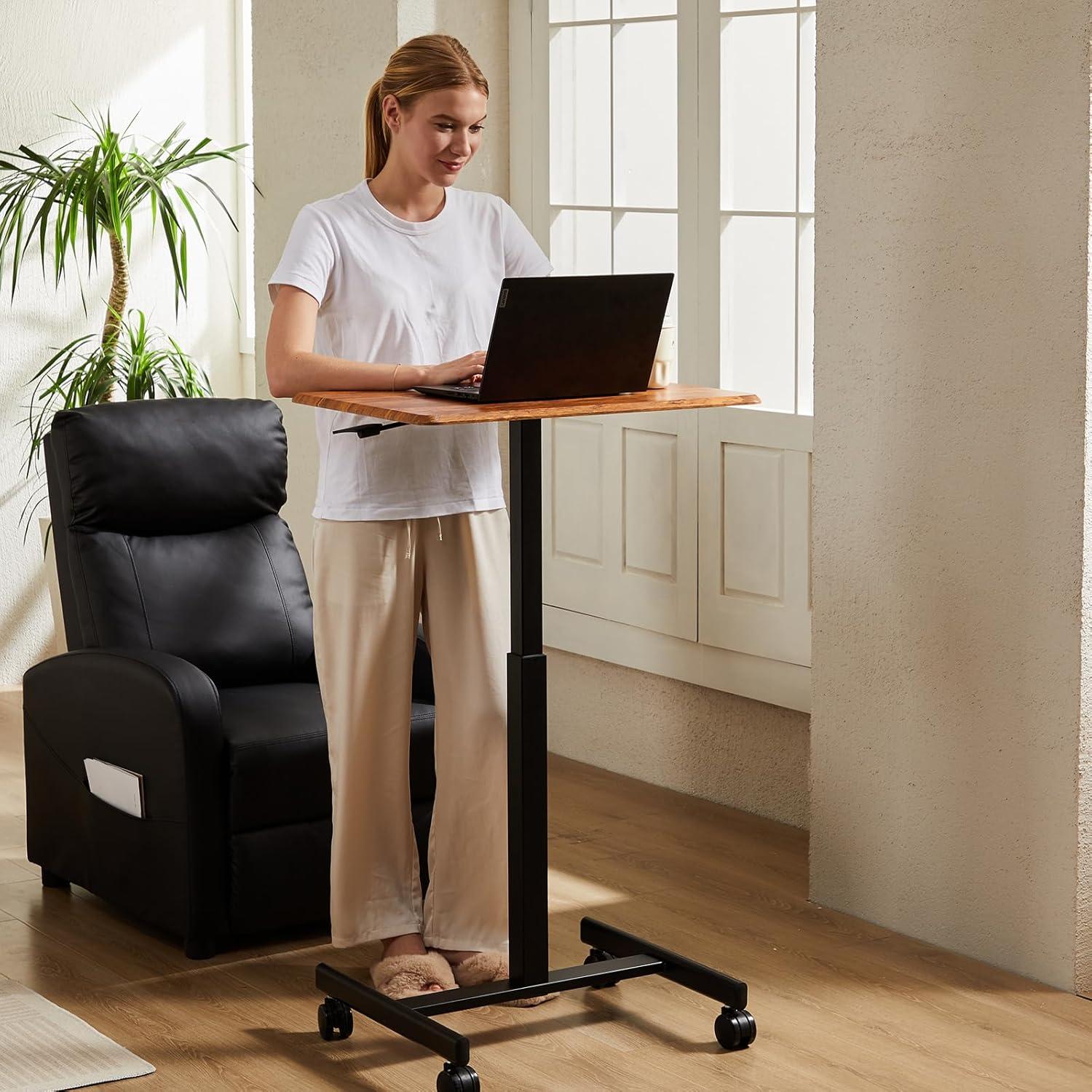 DUMOS Small Standing Desk Mobile Portable Rolling Laptop PC Table on Wheels Adjustable Height Computer Workstation for Home Office, 19 Inch, Brown