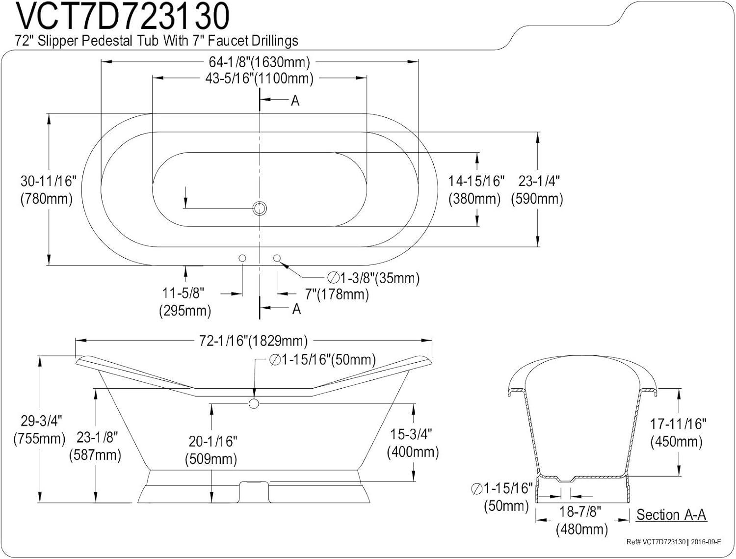 Kingston Brass Aqua Eden 72-Inch Cast Iron Oval Double Slipper Pedestal Tub (7-Inch Faucet Drillings)