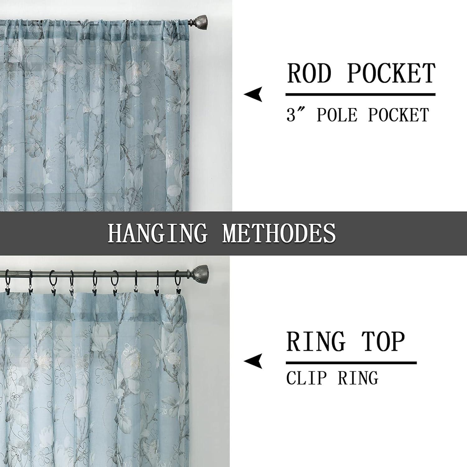 Tollpiz Floral Turquoise Sheer Curtain Flower Print Vine Embroidery Bedroom Curtains Rod Pocket Voile Window Curtain for Living Room, 54 x 95 inches Long, Set of 2 Panels