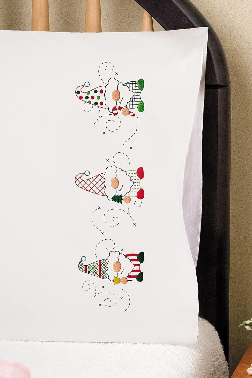 Holiday Gnomes Embroidered Cotton Polyester Pillowcase Pair