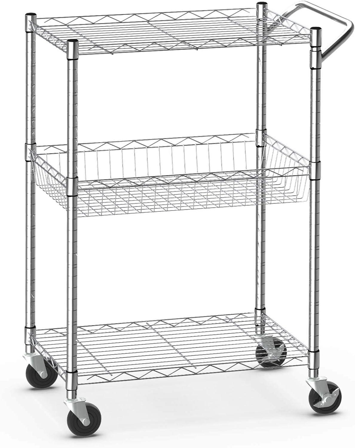 Silver 3-Tier Heavy Duty Steel Rolling Utility Cart