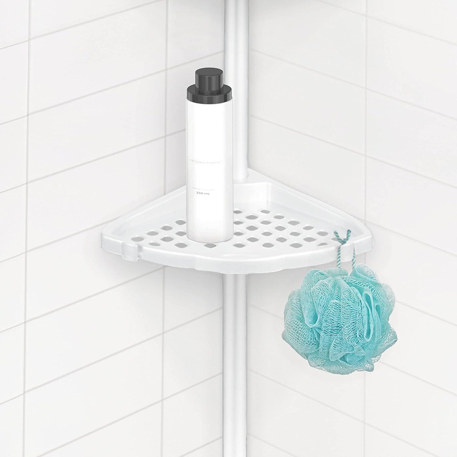 White Metal Tension Mount Shower Corner Shelf