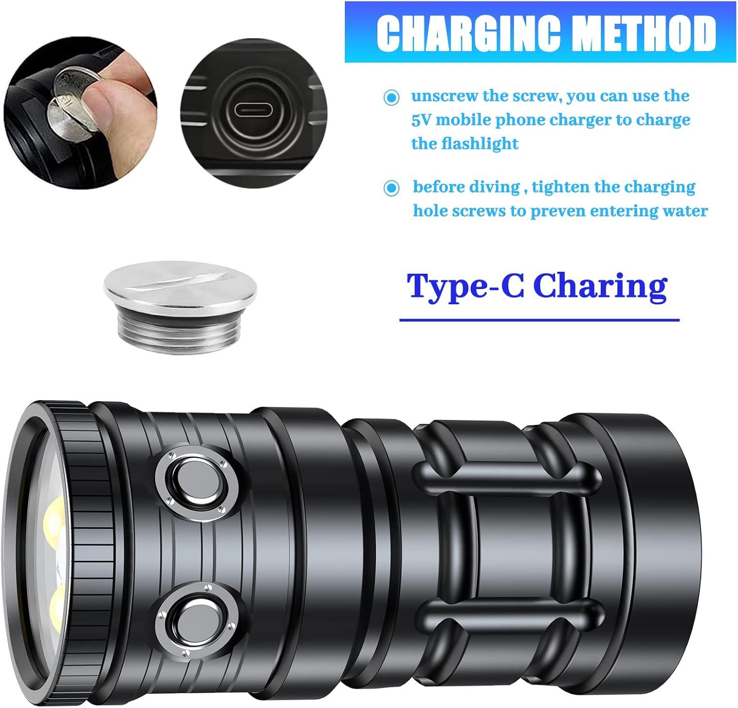 Black Aluminum 100M Waterproof LED Diving Flashlight with Type-C Charging