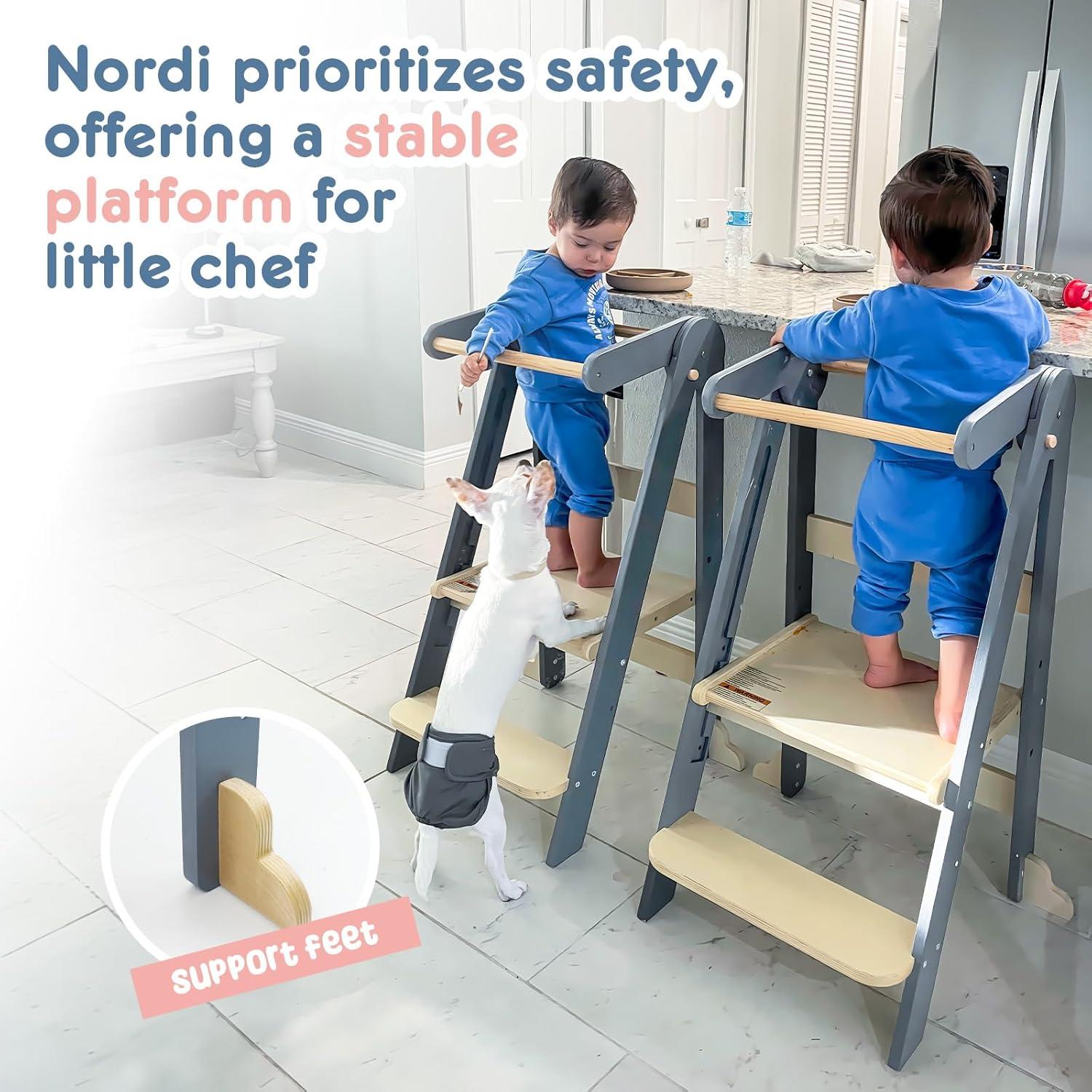 Nordi Foldable Toddler Kitchen Tower, Montessori Kitchen Stools Helper, Standing Tower with 3 Adjustable Heights, Suitable Age for 2-6 Years, White
