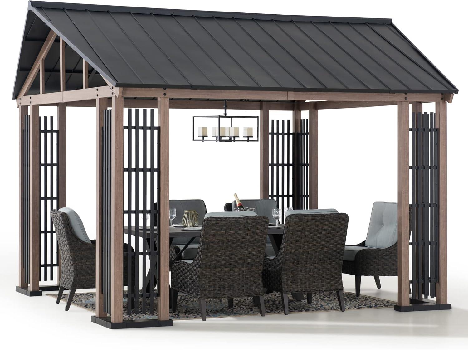 Sunjoy 11x13 ft. Hardtop Gazebo Outdoor Galvanized Steel Gazebo w/ Metal Gable Roof and Movable Ceiling Hook, Suitable for Patio & Backyard, Black