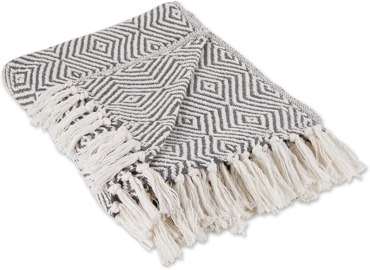 Gray and White Cotton Geometric Throw Blanket with Fringe