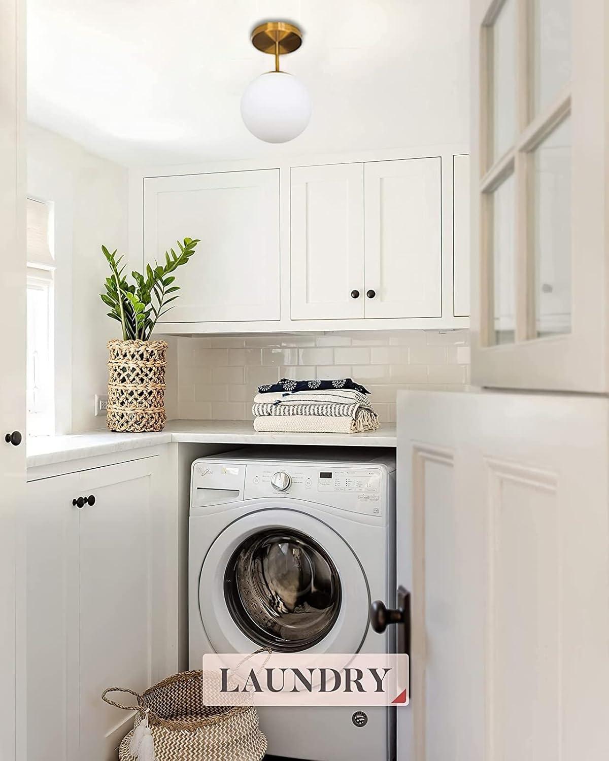 Mid Century Modern Globe Semi Flush Mount Ceiling Light Fixture Frosted Glass with Gold Brass Finish,1-Light Sphere Glass Pendant Lights for Aisle Porch Stairway Closet Kitchen Laundry Room(Bulb Incl)