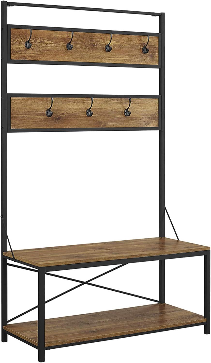 Barnwood Industrial Hall Tree with Bench and Coat Hooks, 72 Inch