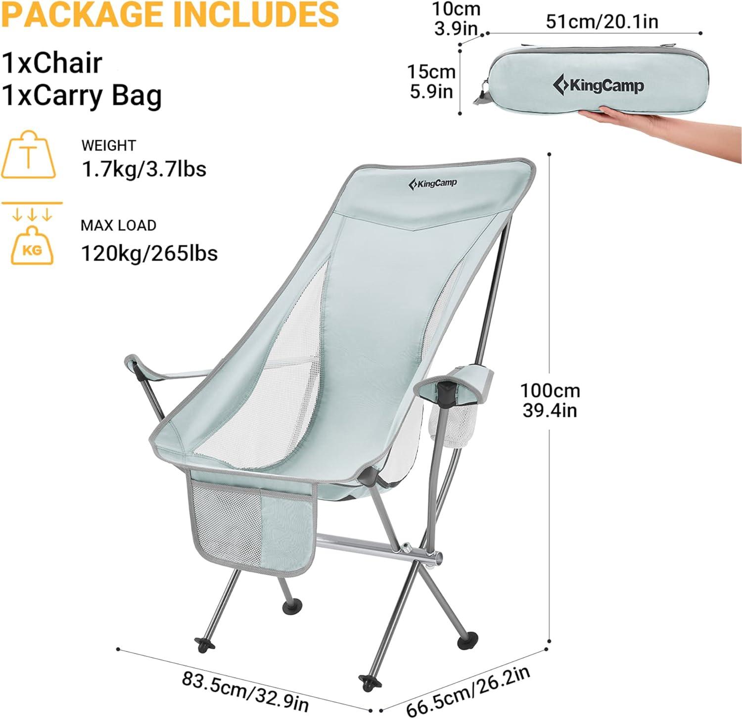 KingCamp Lightweight Padded Highback Folding Lounge Chair with Cupholder, Side Storage Pocket, and Carry Bag for Indoor or Outdoors, Grey