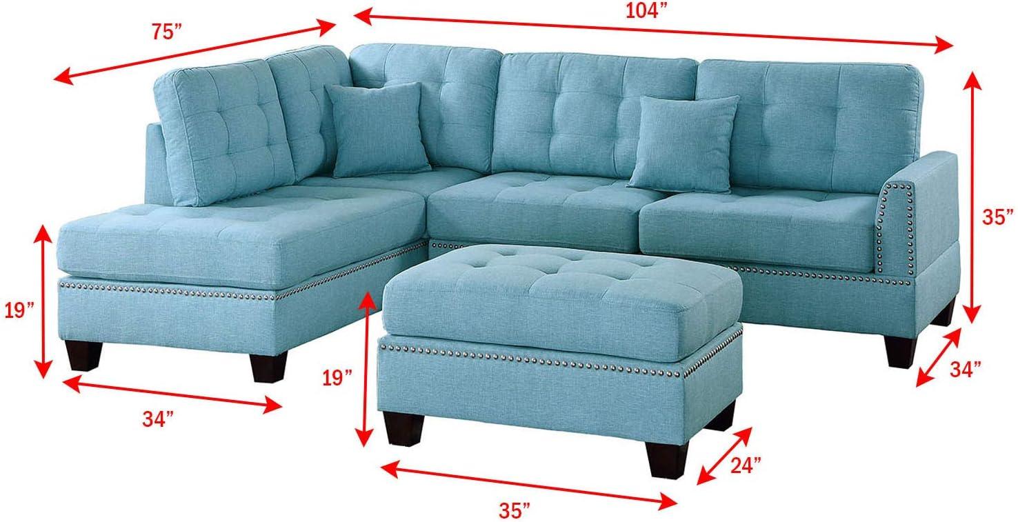Bobkona Adolph Reversible Sectional Set with Ottoman in Light Blue.