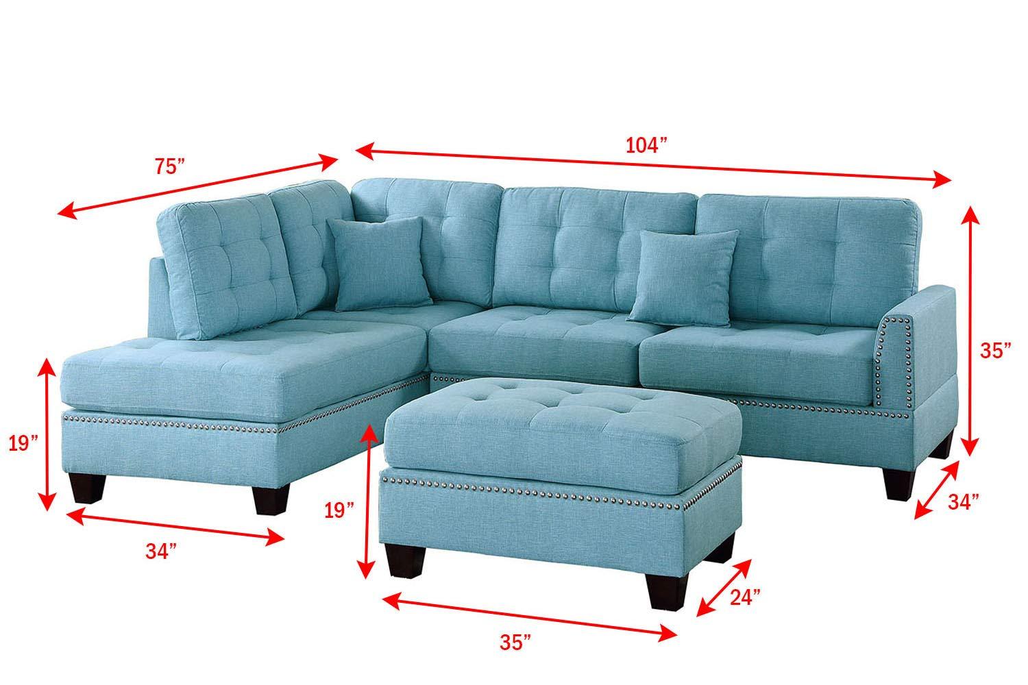 Bobkona Adolph Reversible Sectional Set with Ottoman in Light Blue.
