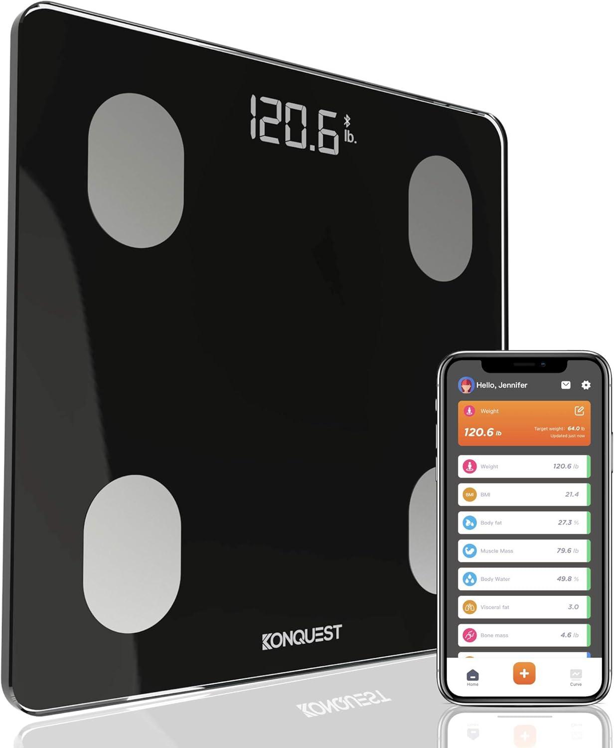KONQUEST Smart Scale for Body Weight, Digital Bathroom Scale BMI Weighing Bluetooth Body Fat Scale, Body Composition Monitor Health Analyzer with Smartphone App, 400 lbs - Black