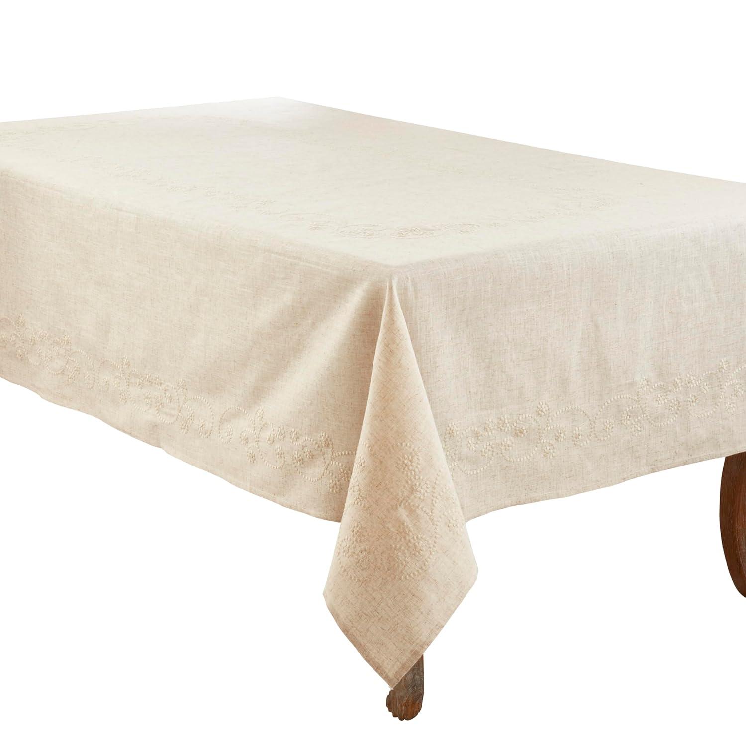 120"x67" Embroidered Swirl Natural Linen Blend Tablecloth: Machine Washable, Saro Lifestyle