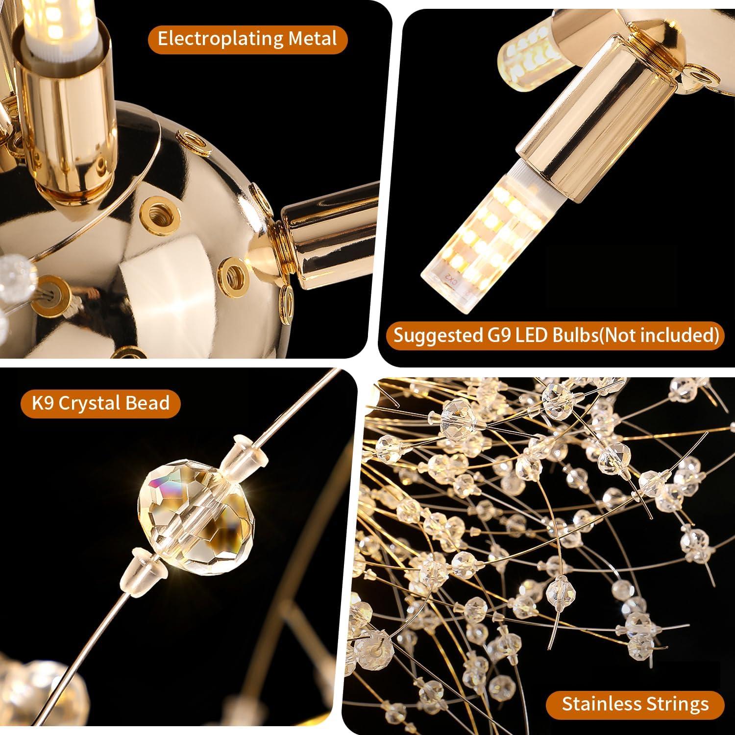 Mercer41 Modern Gold Crystal Chandelier With 12-Light Firework Design, Adjustable Dandelion Pendant Lighting For Dining Room, Living Room, Bedroom, Kitchen, And Hallway