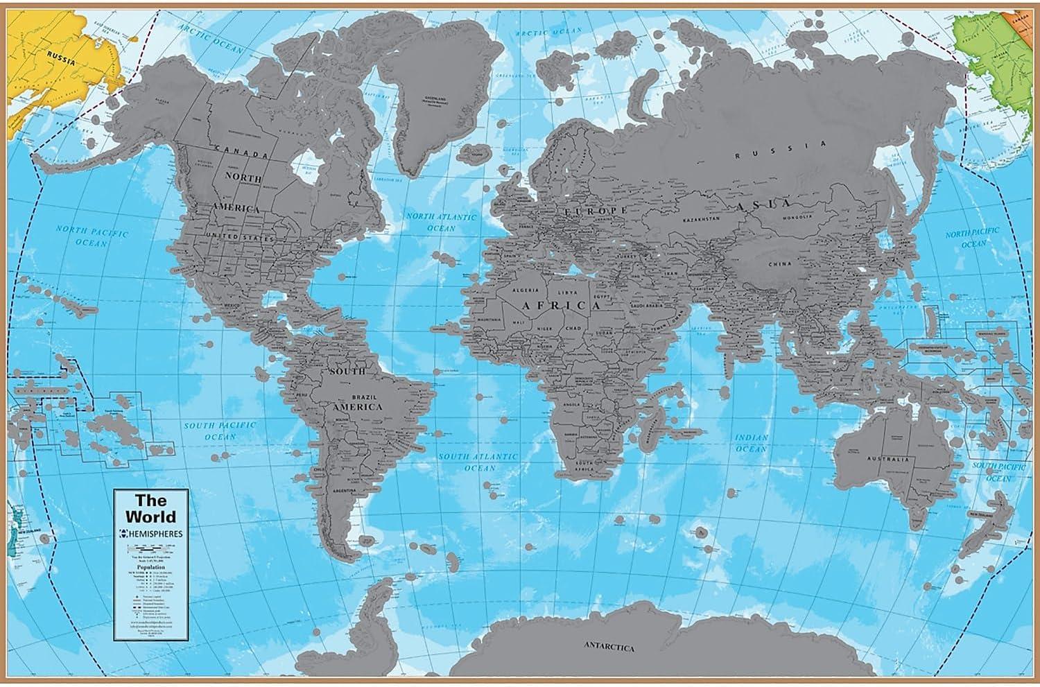 Scratch-Off World Map Poster with Blue Oceans, 24" x 36"