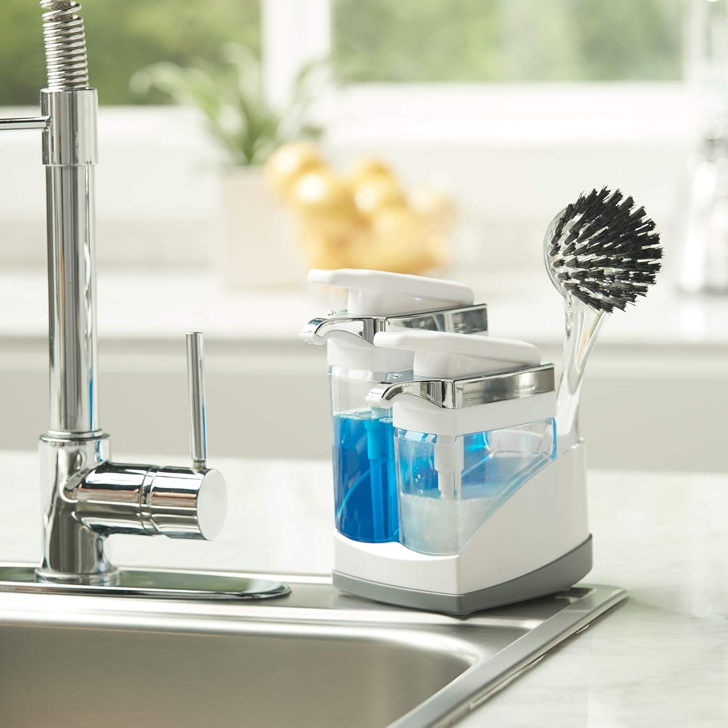 Casabella Sink Sider Duo Soap Dispensers with Sponge, for Dish & Hand Soap, Chrome Plating, White