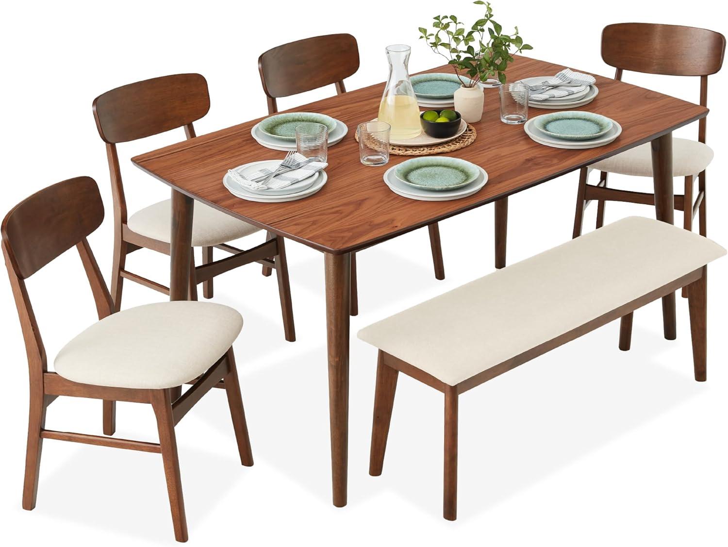 Best Choice Products 6-Piece Mid-Century Modern Upholstered Wooden Dining Set w/ 4 Chairs, Bench - Brown/Cream