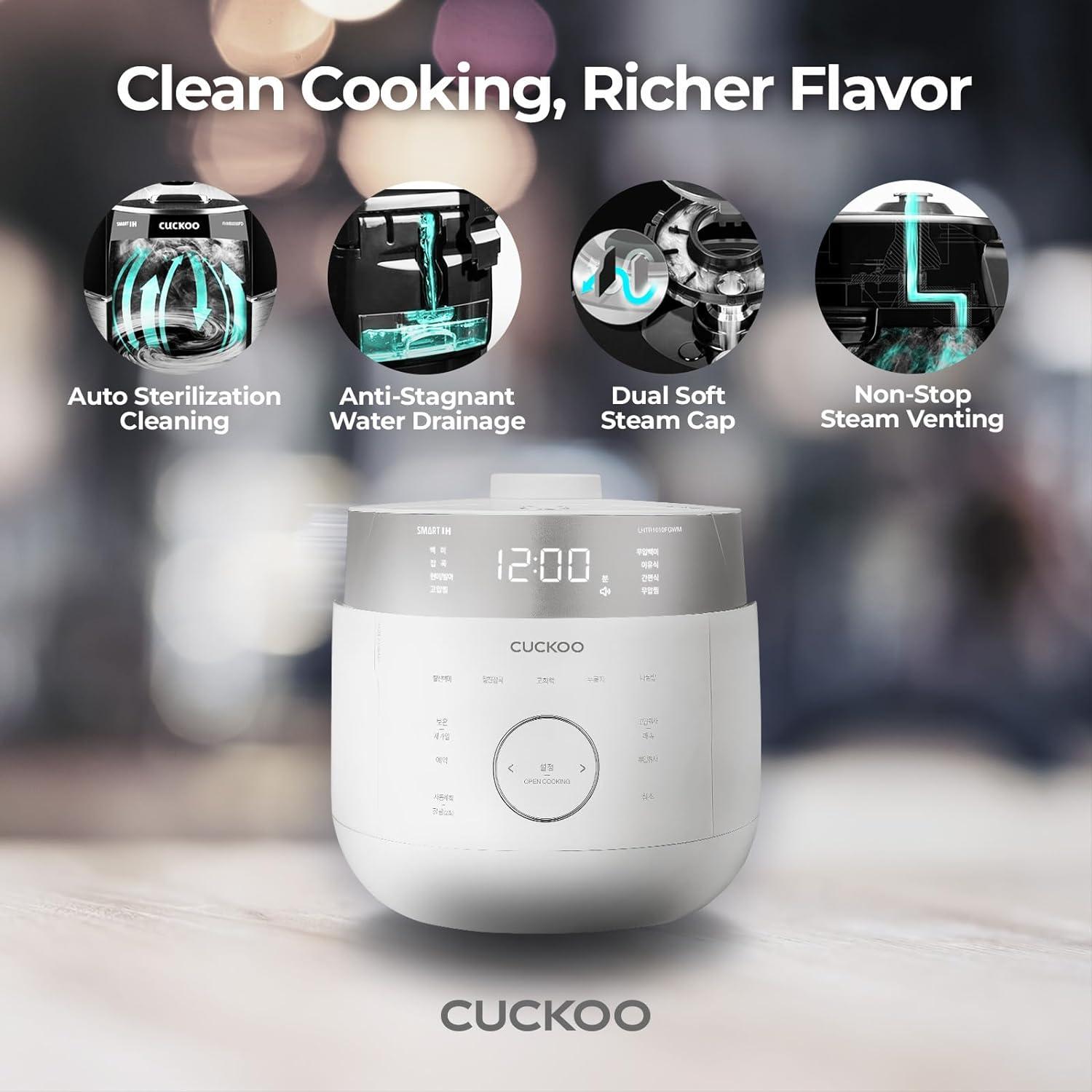 CUCKOO CRP-LHTR1009FW 10-Cup (Uncooked) / 20-Cup (Cooked) Induction Heating Twin Pressure Rice Cooker with Nonstick Inner Pot, 16 Menu Modes, 3 Voice Guide, Auto Clean (White)