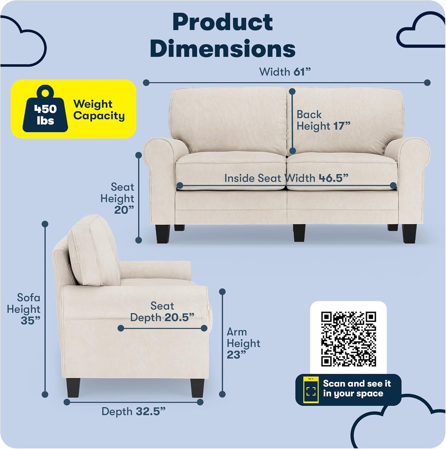 Serta Copenhagen 61" Rolled Arm Sofa, Easy Care Fabric, Soft Pillow Back, Pocket Coil Seat Cushions