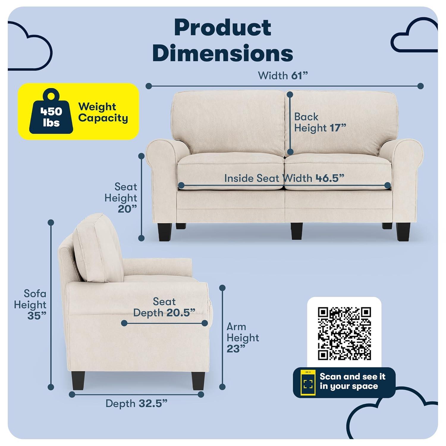 Serta Copenhagen 61" Rolled Arm Sofa, Easy Care Fabric, Soft Pillow Back, Pocket Coil Seat Cushions