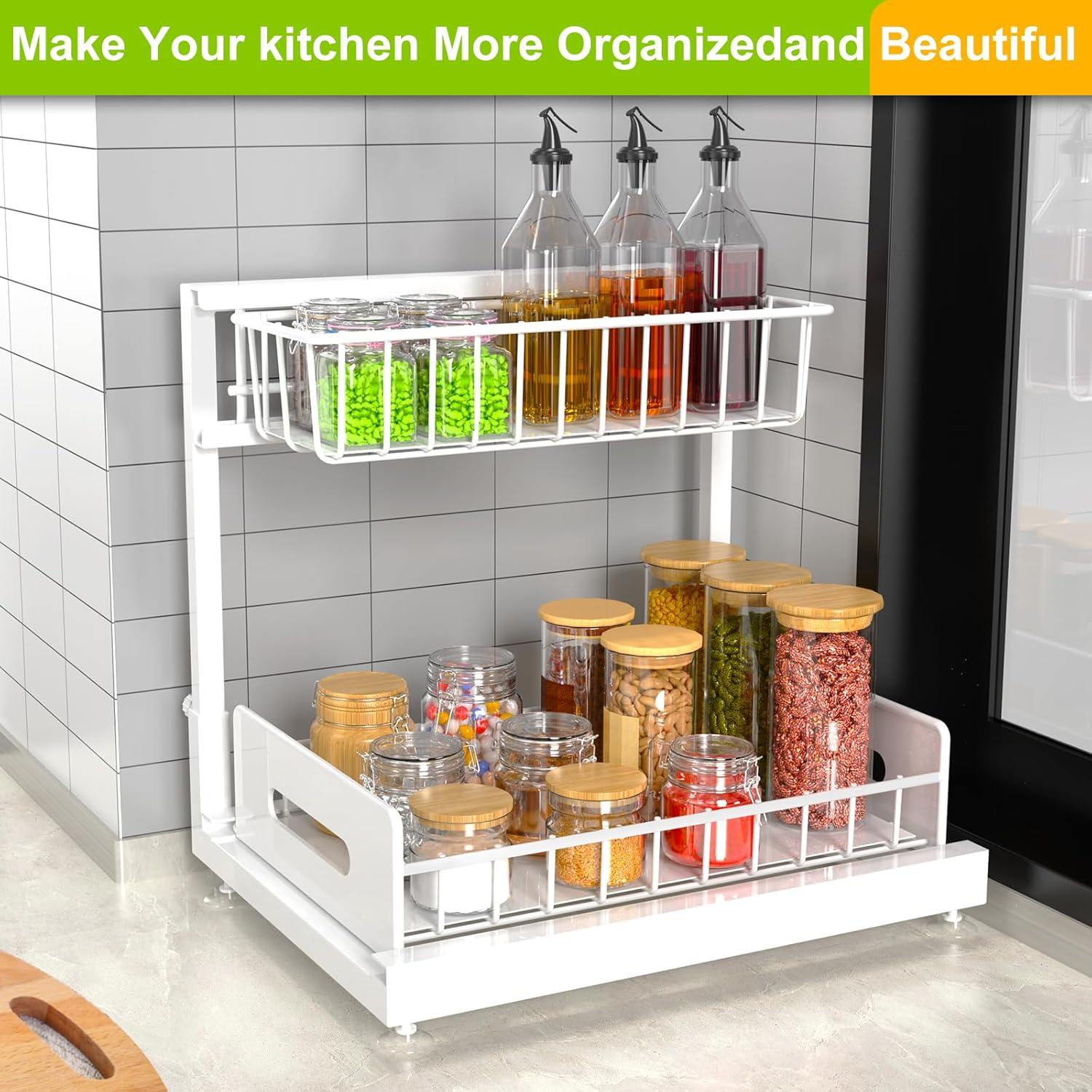 Sink Organizer, 2 Pack 2 Tier Sink Organizer and Storage, Slide-Out Pull-Out Cabinet Organizer, Sliding Metal Drawer for Home Kitchen, Bathroom, Pantry