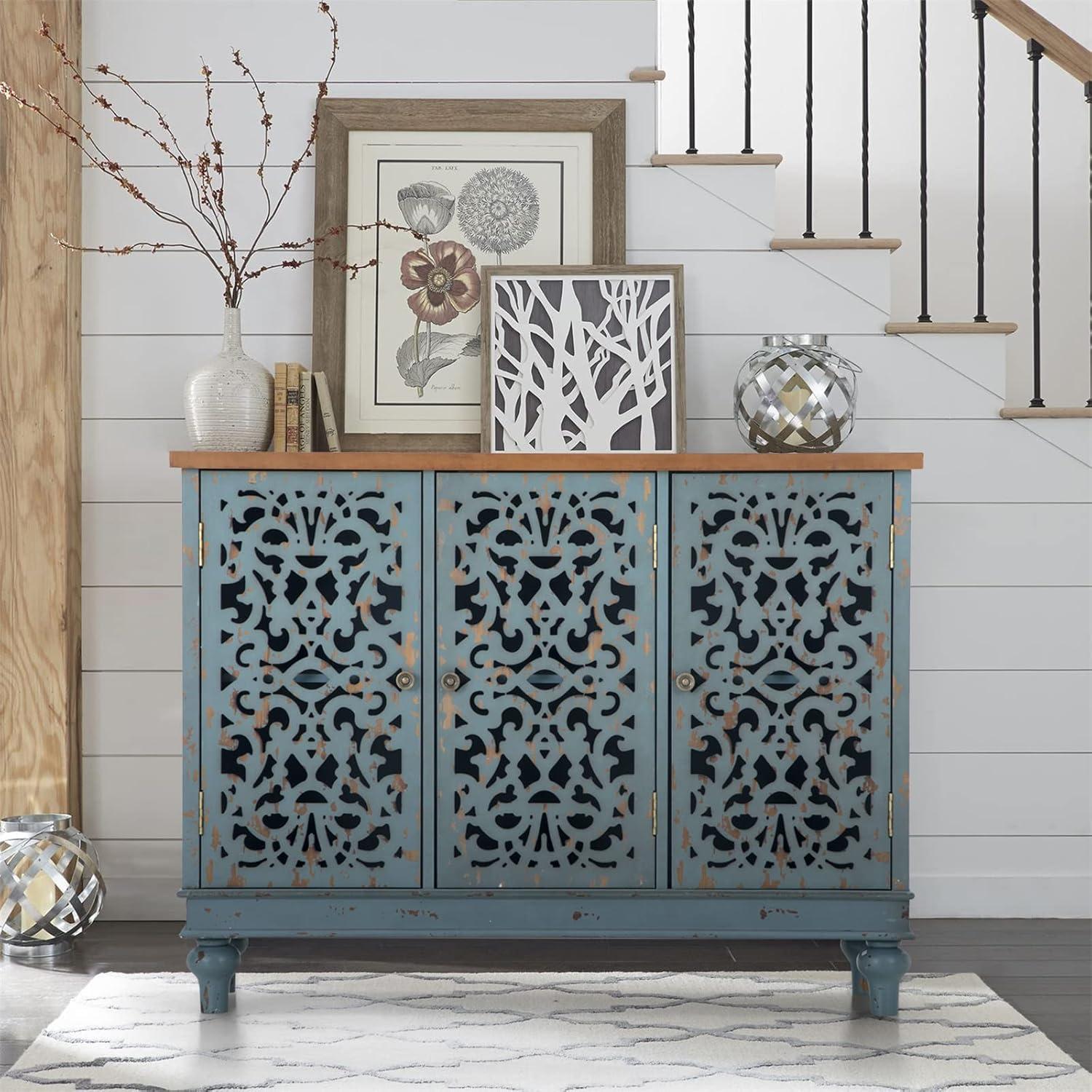 Sophia & William 3-Door Hollow-Carved Sideboard Accent Cabinet for Kitchen, Dining Room, Living Room, Entryway-Blue