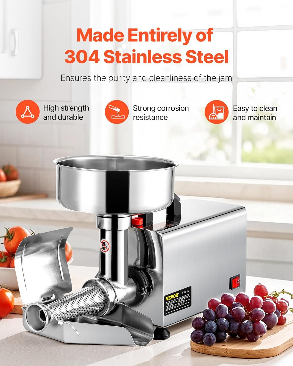 Stellweilan Tessberg 110V Electric Tomato Strainer 370W Commercial Grade Tomato Milling Machine Stainless Steel Tomato Press and Strainer 90-160 Kg/H Pure Copper Motor Food Strainer and Sauce Maker