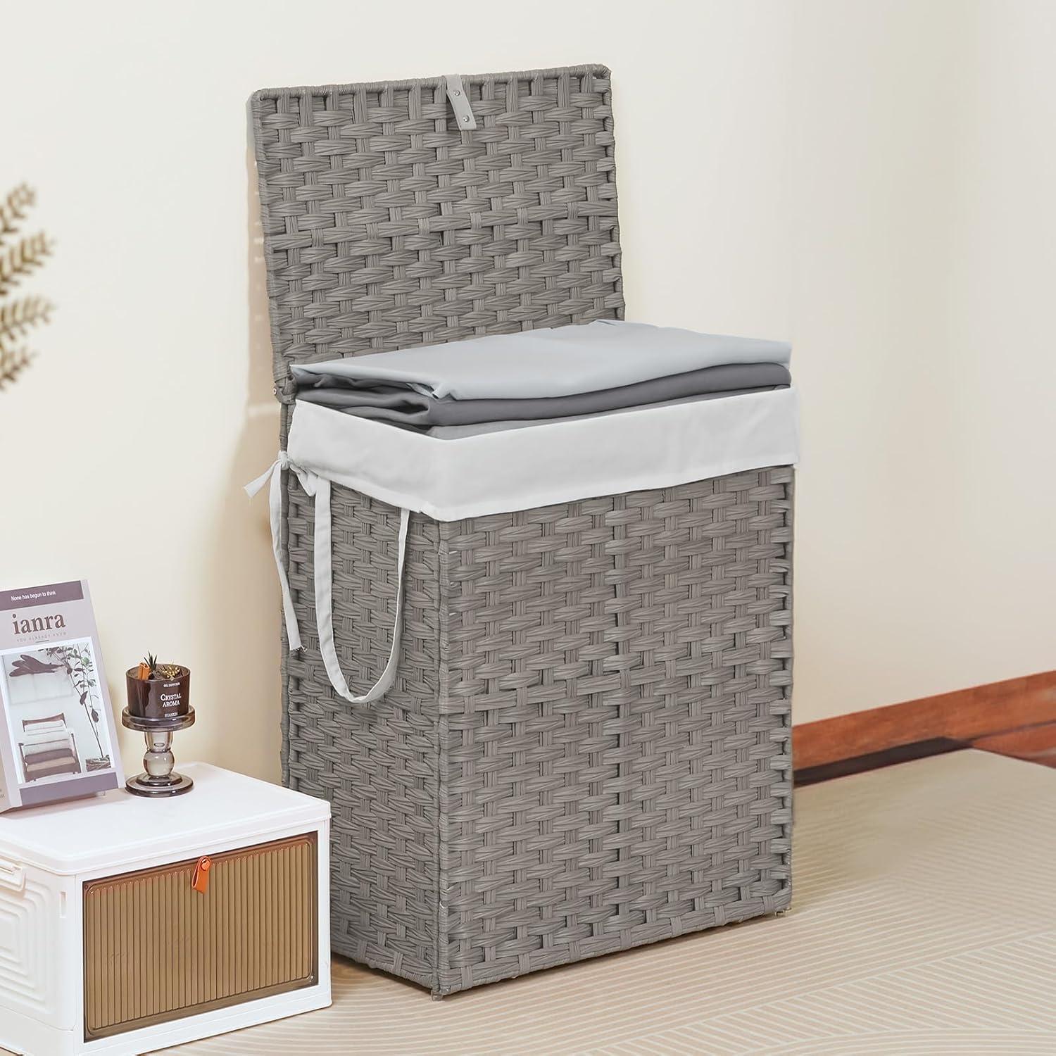 ZUNMOS Laundry Hamper, No Installation Required, with Removable Liner, 90 Liter Hand-Woven Synthetic Rattan Laundry Hamper with Lid and Handle, Collapsible, Gray