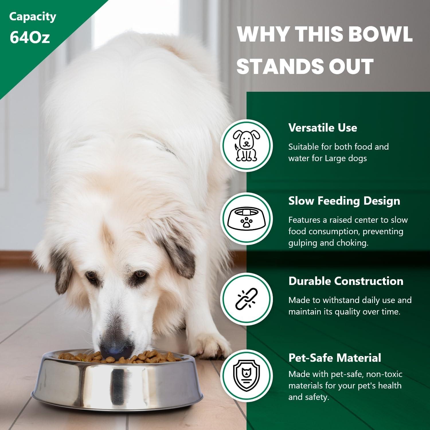 Iconic Pet 92195 Anti Ant Stainless Steel Non Skid Pet Bowl for Dog or Cat- 64 oz - 8 cup
