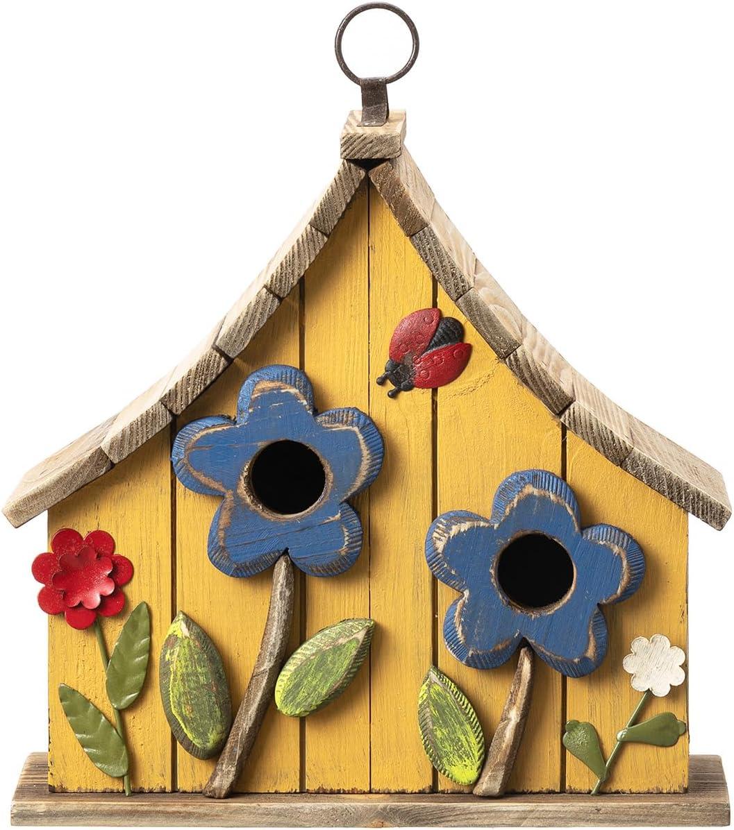 Glitzhome  10"H Multicolor Cute Distressed Solid Wood Birdhouse with 3D Flowers Flower-Orange 10.25"H