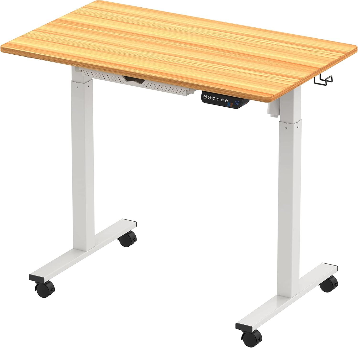 SHW 40-Inch Mobile Electric Height Adjustable Sit to Stand Desk with Drawer, Hanging Hooks and Cable Management, Oak