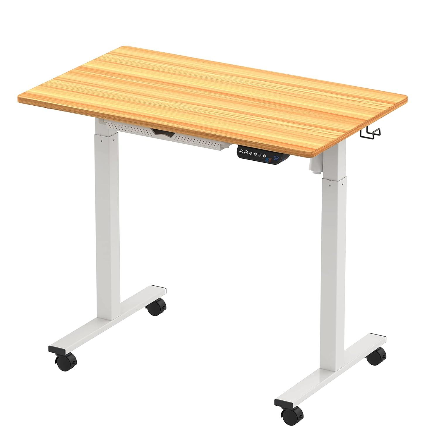 SHW 40-Inch Mobile Electric Height Adjustable Sit to Stand Desk with Drawer, Hanging Hooks and Cable Management, Oak