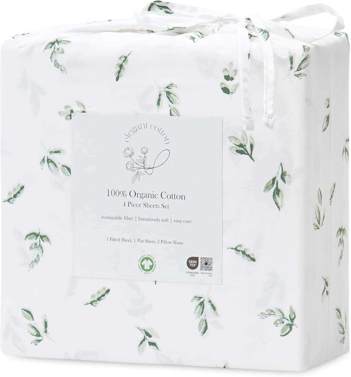 Elegant Cotton 100% Organic Cotton Printed Sheet Set - 4-Piece Set - Green Leaves, King Size