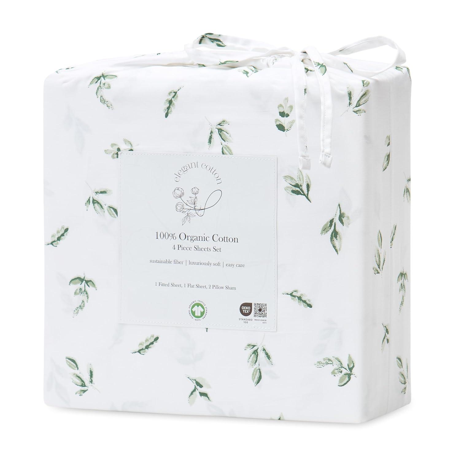 Elegant Cotton 100% Organic Cotton Printed Sheet Set - 4-Piece Set - Green Leaves, King Size