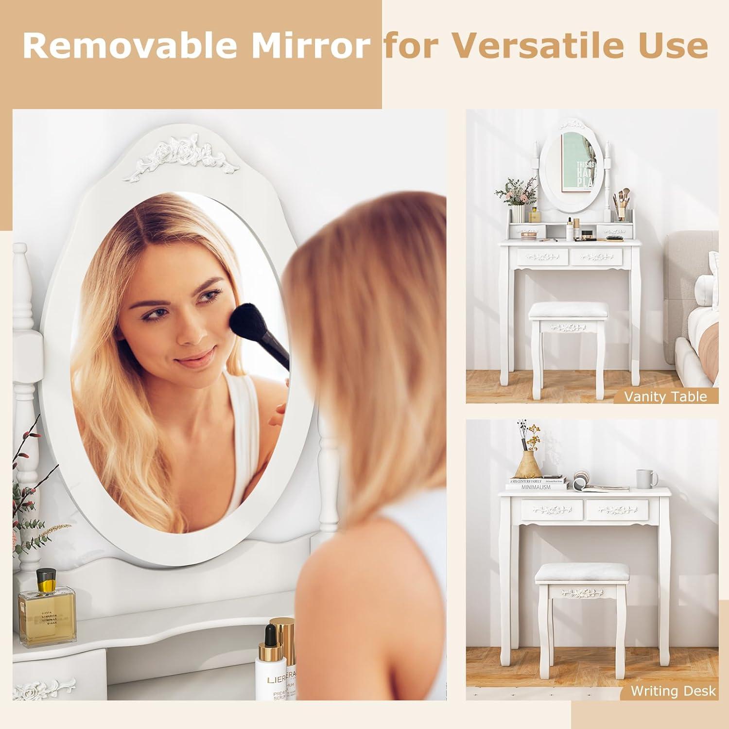 Giantex Girls Vanity Desk with 4 Drawers, White Makeup Vanity Table with Mirror and Cushioned Stool, Rose Shaped Knobs, Modern Bedroom Dressing Table for Small Place Apartment