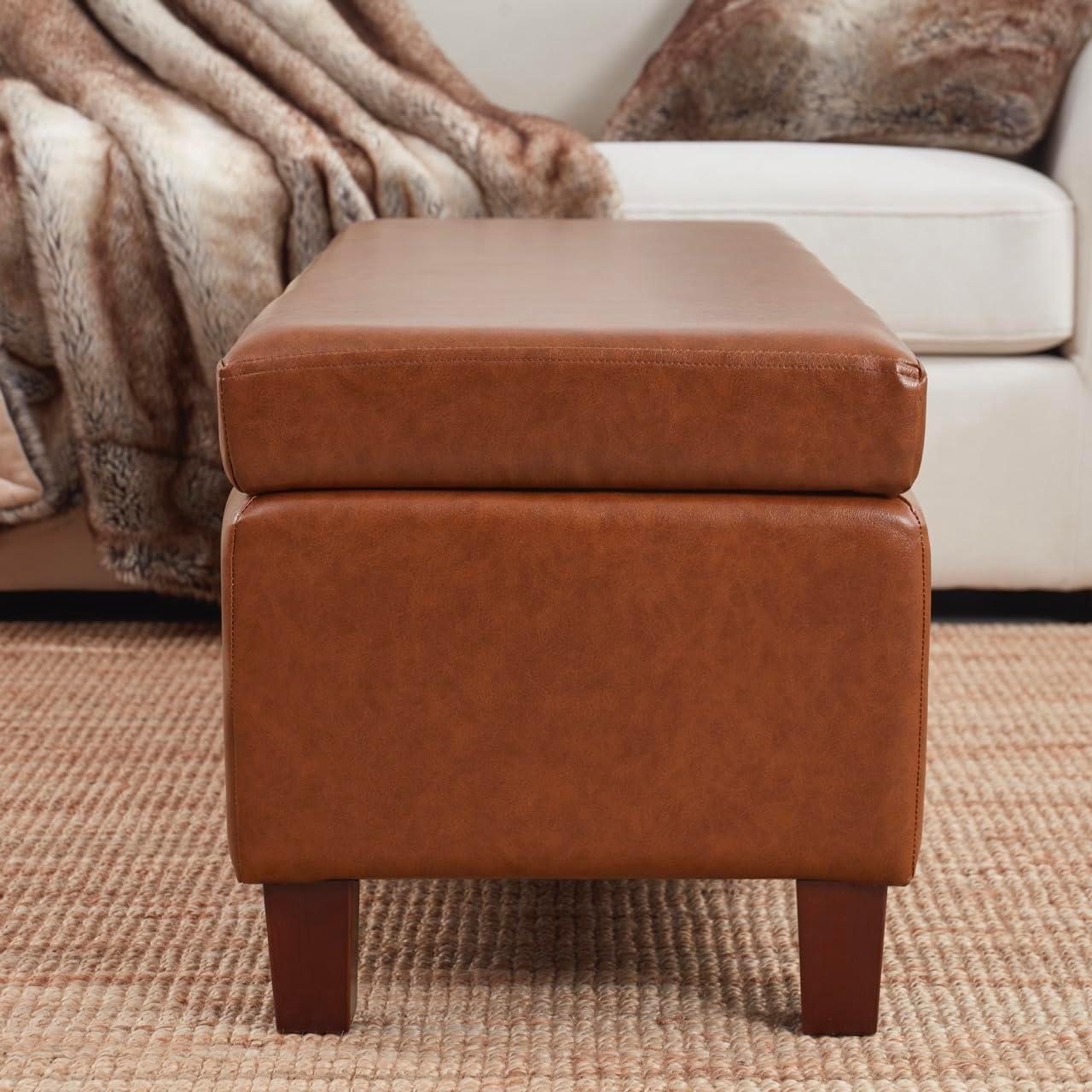 Ornavo Home Storage Ottoman Bench Upholstered Rectangle Storage Ottoman with Hinge Lid for Entryway, Bedroom, Living Room, Faux Leather Mocha