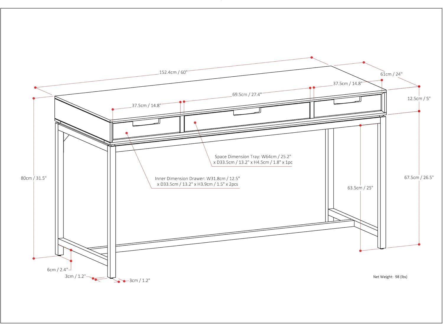 Simpli Home Banting Solid Hardwood Modern Industrial 60 inch Wide Desk in Hickory Brown