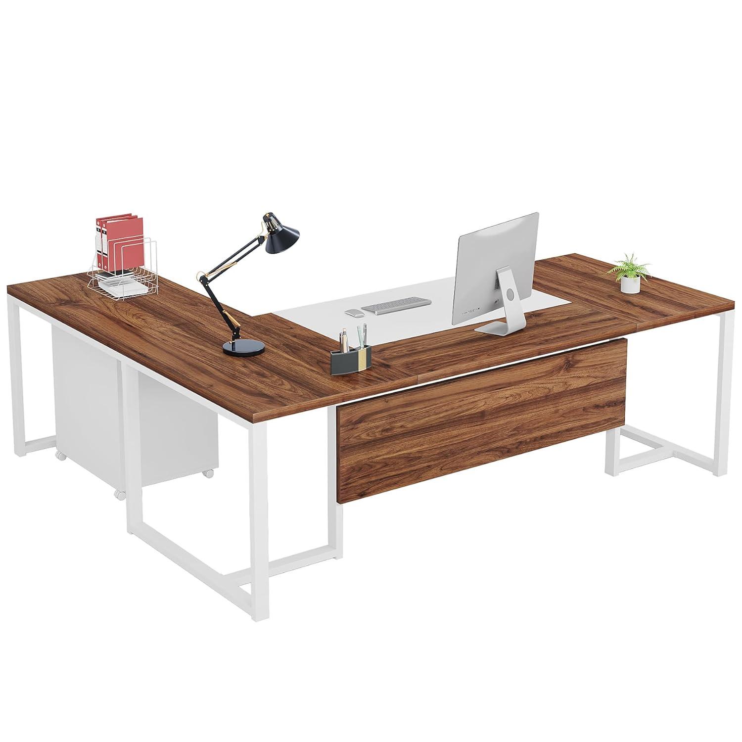 Tribesigns 70.8" Executive Desk with 55" File Cabinet, Industrial L Shaped Computer Desk, Large Executive Desk for Home Office, Walnut & White