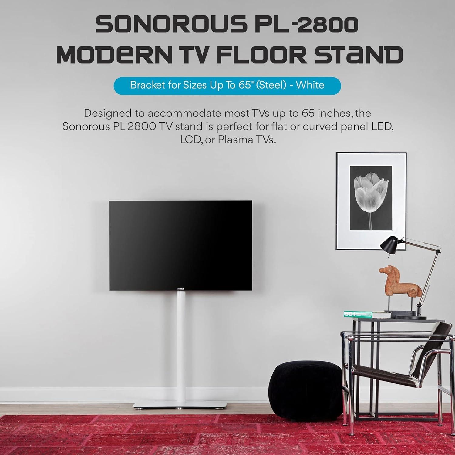 SONOROUS TV Stand PL2800 WHT for Up to 65 Inches TV - Floor Stand TV Bracket for LCD, LED & Flat Screen - Fixed TV Stand with Tempered Glass Base, 45 Degree Swivel & Wire Management - White