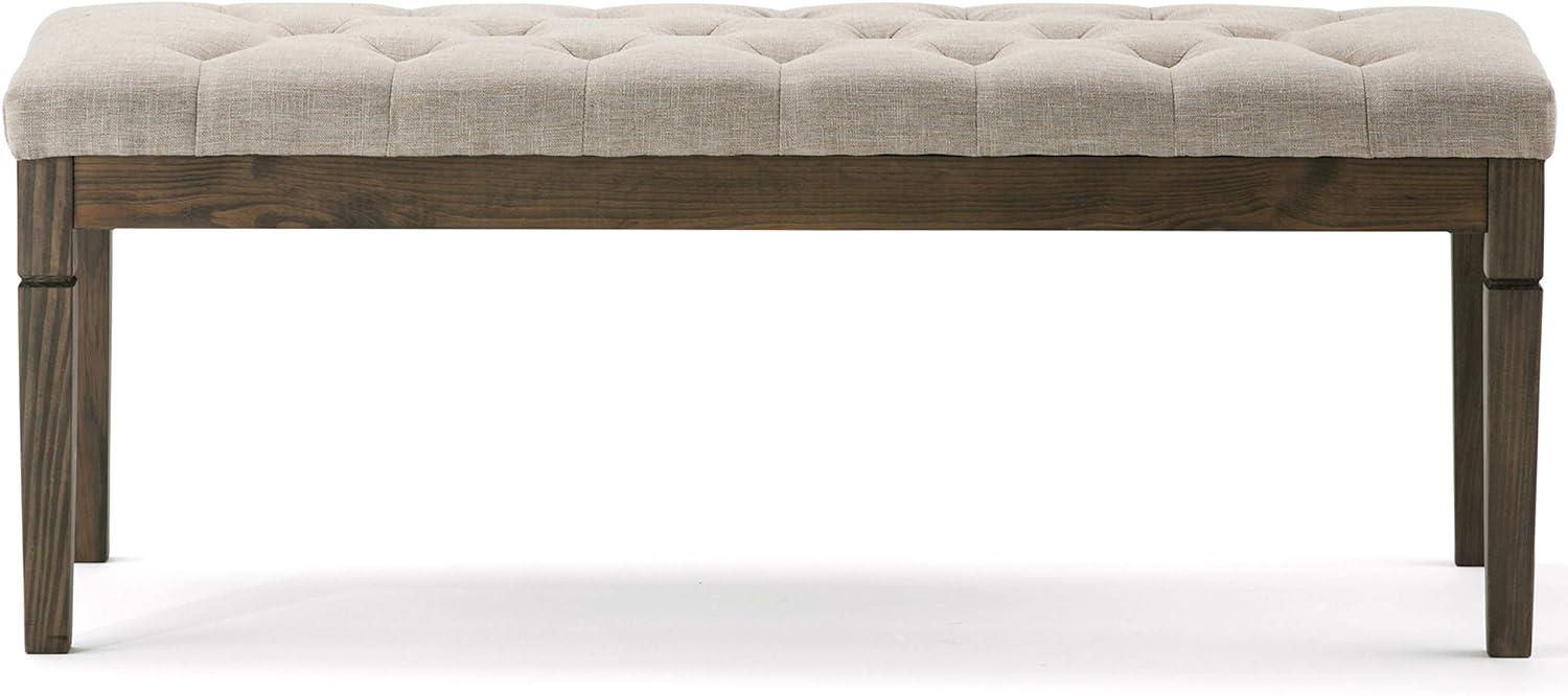 Elegant Natural Linen Tufted Pine Wood Rectangular Bench Ottoman