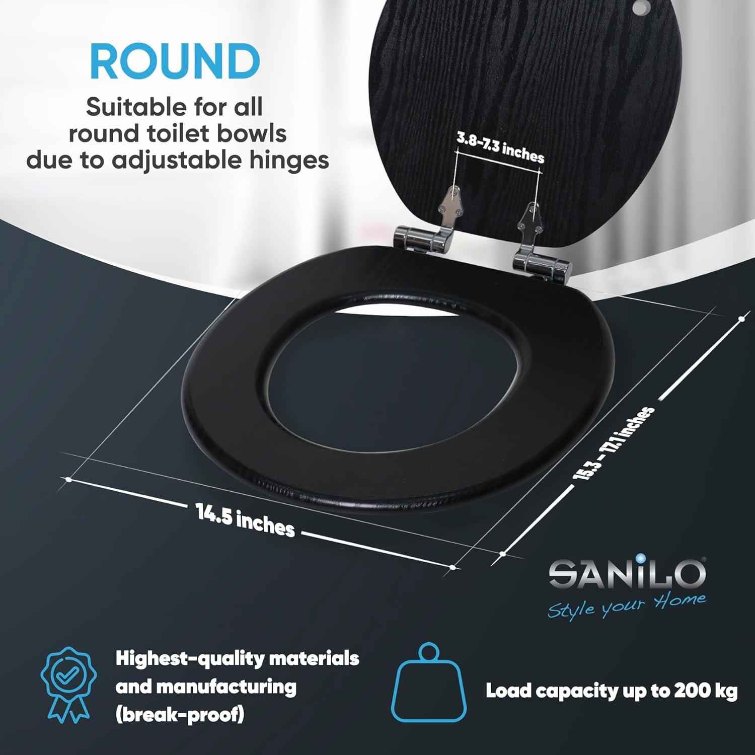 Sanilo Soft Close Toilet Seat ROUND, Quiet and Slow Close Lid and Seat, Strong Bumpers and Hinges, Black Wood