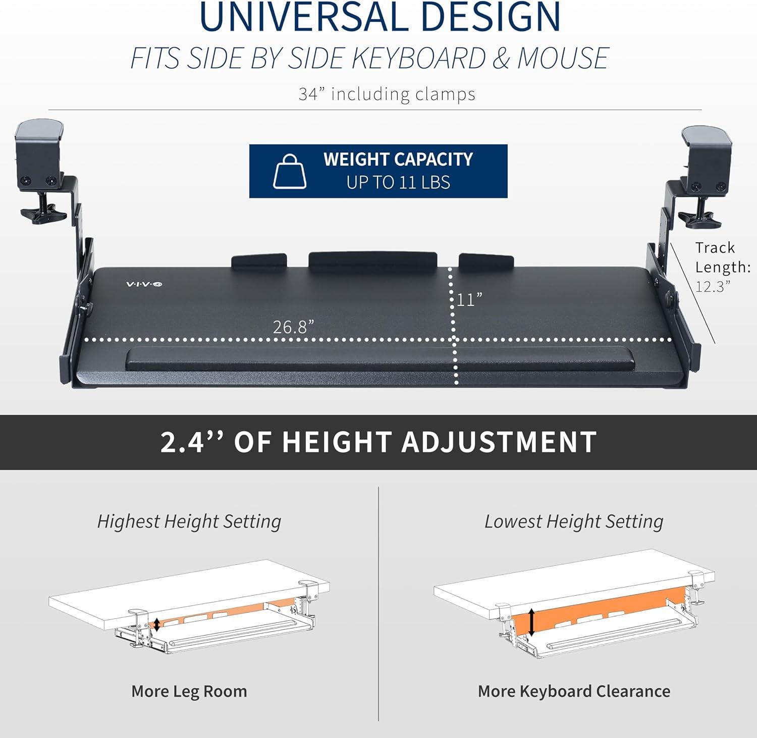 Black Adjustable Clamp-on Tilting Keyboard and Mouse Tray