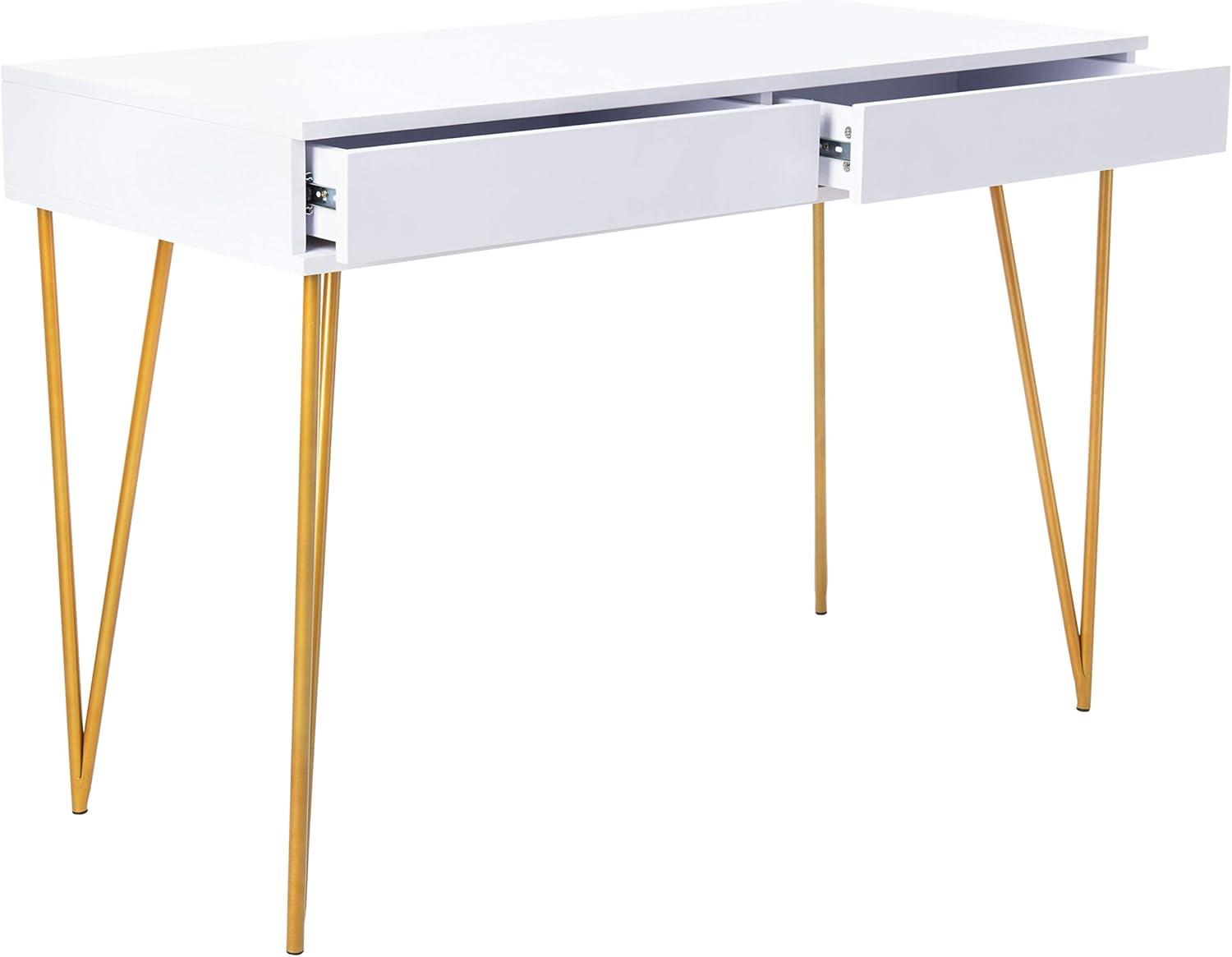 Elegant Transitional White and Gold Home Office Desk with 2 Drawers