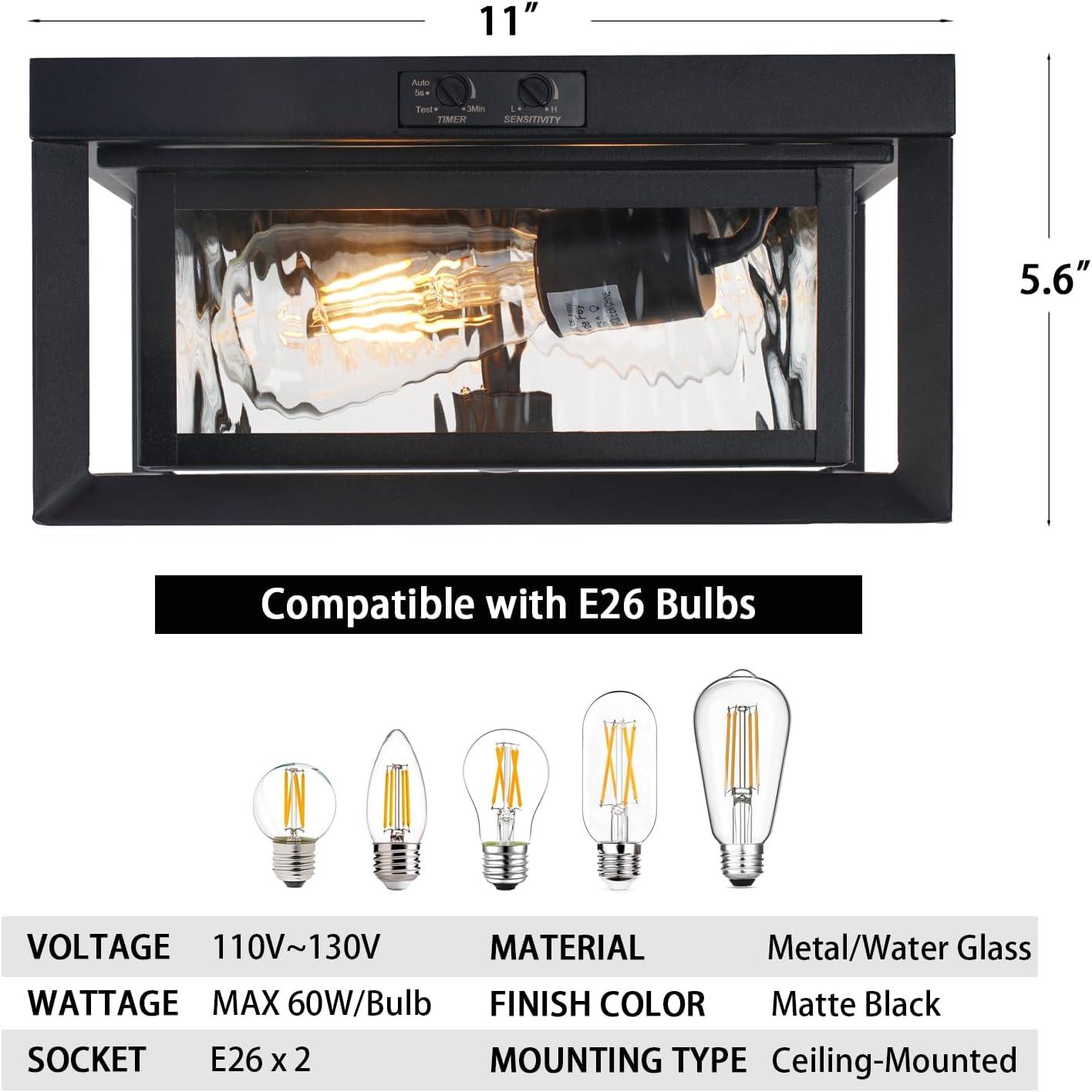 Motion Sensor Outdoor Ceiling Light - Industrial Style, Flush Mount, Dual Box Frame with Water Ripple Glass Design - Perfect for Porch, Garage, and Entryway, Time and Sensitivity Adjustable