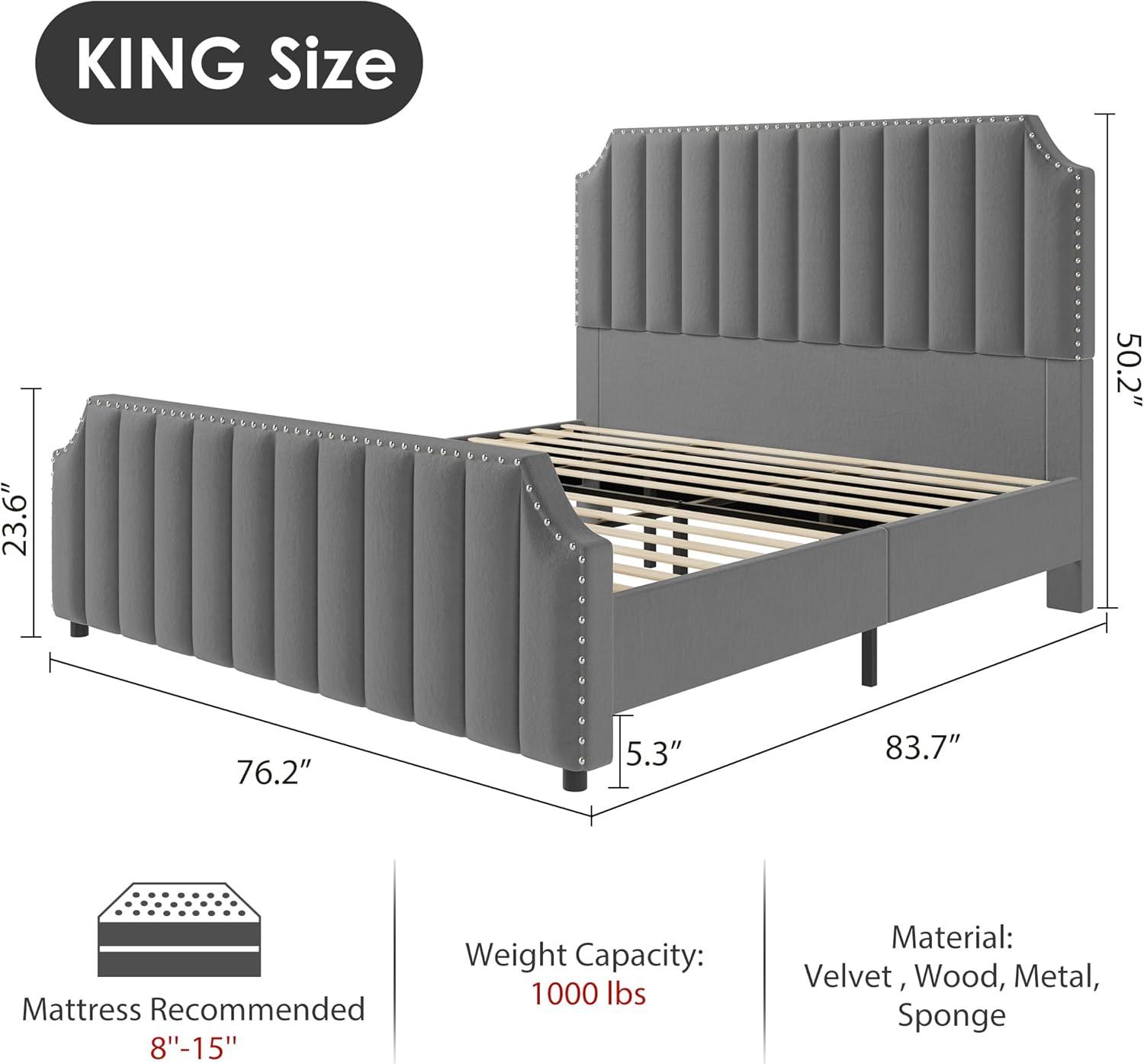 Garvee Queen Velvet Bed Frame, 50.2" Upholstered Headboard, Footboard with Nailhead Trim, No Box Spring Needed, Solid Wood Slats, Noise Free, Beige