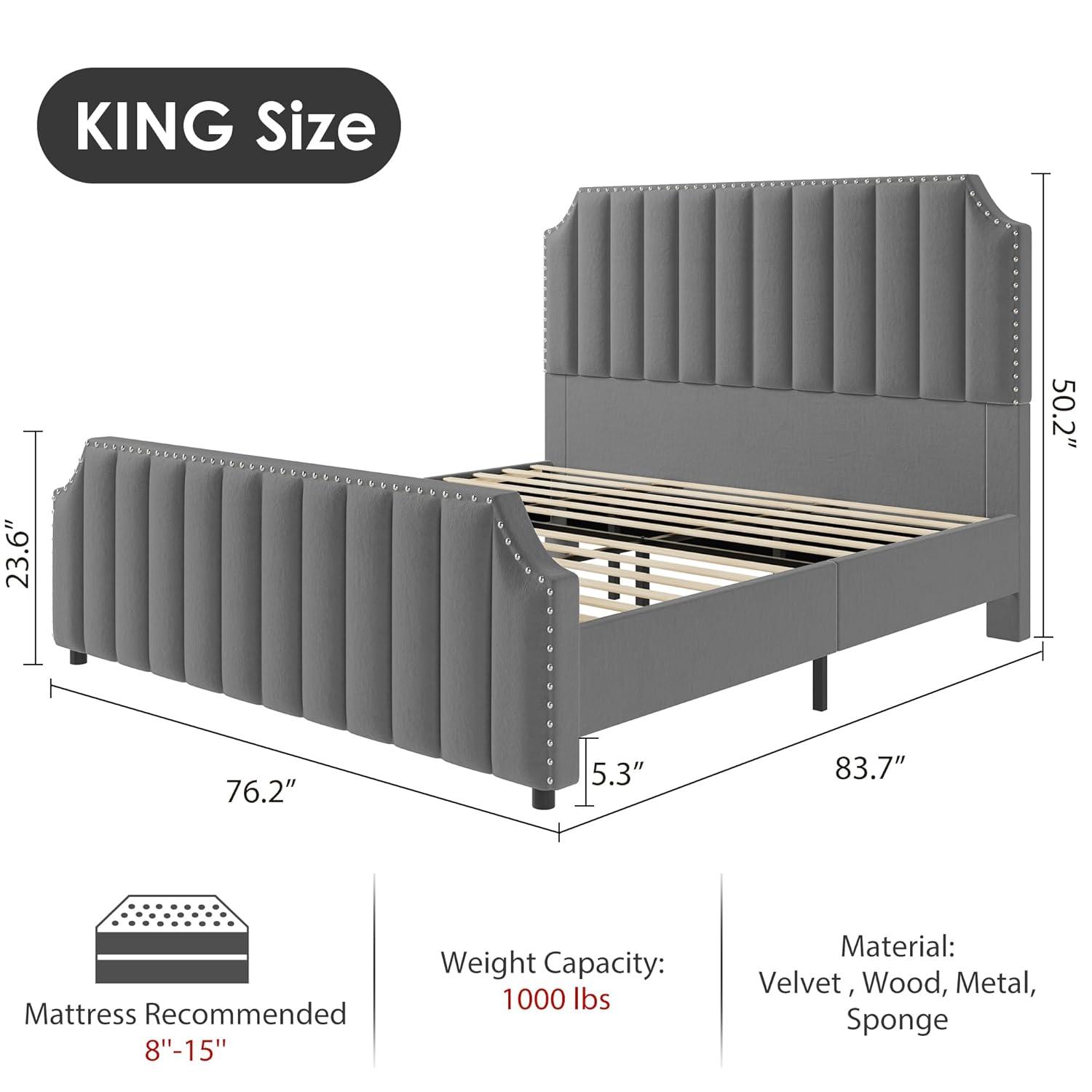 Garvee Queen Velvet Bed Frame, 50.2" Upholstered Headboard, Footboard with Nailhead Trim, No Box Spring Needed, Solid Wood Slats, Noise Free, Beige
