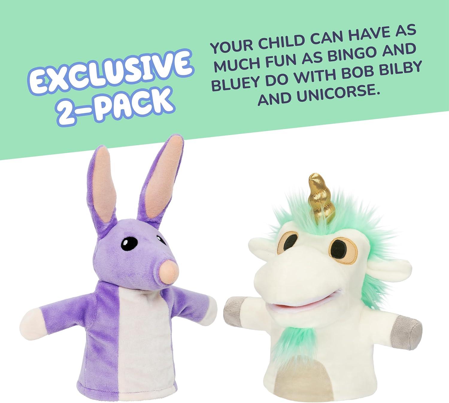 Bluey Unicorse & Bob Bilby Hand Puppet Plush 2-Pack – 8-9” Soft Deluxe Fabric, Embroidered Details, Perfect for Toddler Hands, Imaginative Play, Official Bluey Toys, Amazon Exclusive