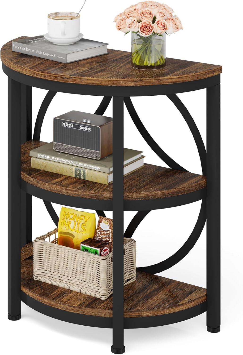 LITTLE TREE Half Round End Table, 3-Tier Narrow Side Table with Metal Frame, Half Circle Table, Half Moon Small Coffee Accent Table Bedside Table for Living Room, Bedroom