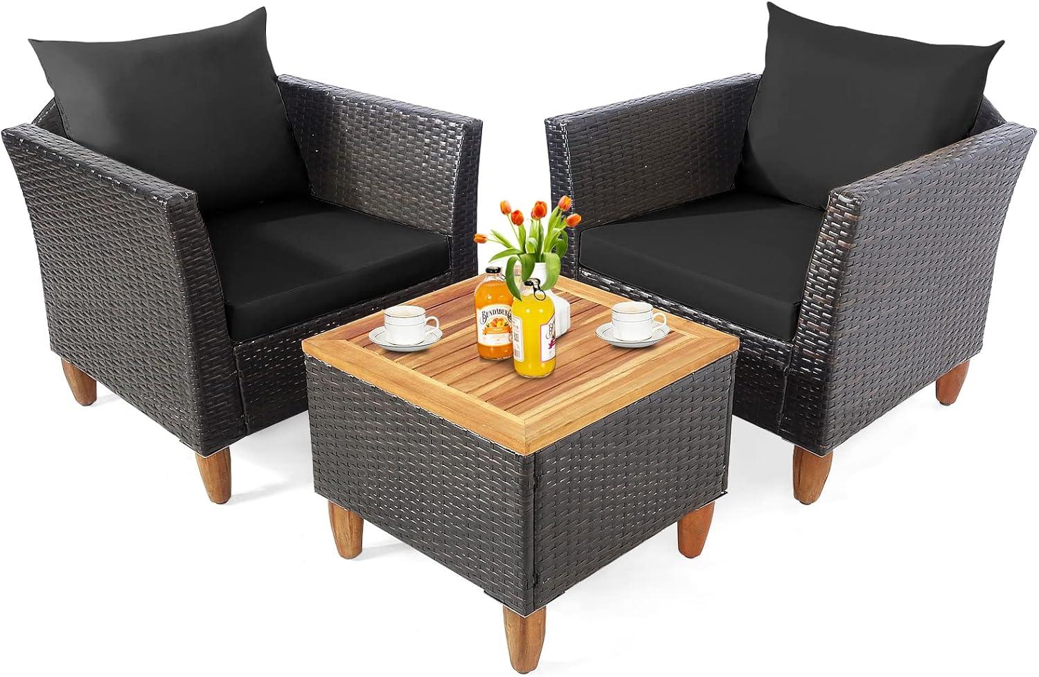 Costway 3PCS Outdoor Patio Rattan Furniture Set Wooden Table Top Cushioned Sofa Black