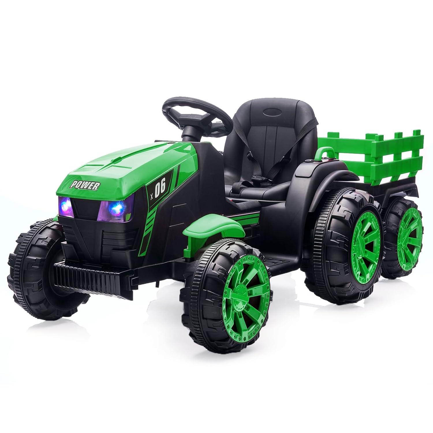 Yesurprise 12v Kids Ride On Tractor With Trailer Battery Powered Electric Vehicles Toy With 35w Dual Motor Remote Control 6 Wheels Led Lights Music